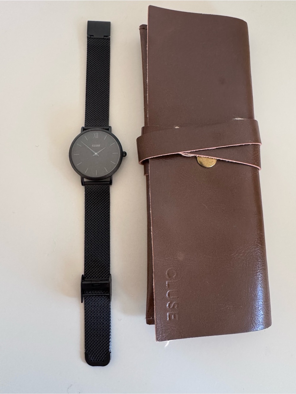 Cluse Women's All-Black Watch with Brown Leather Case